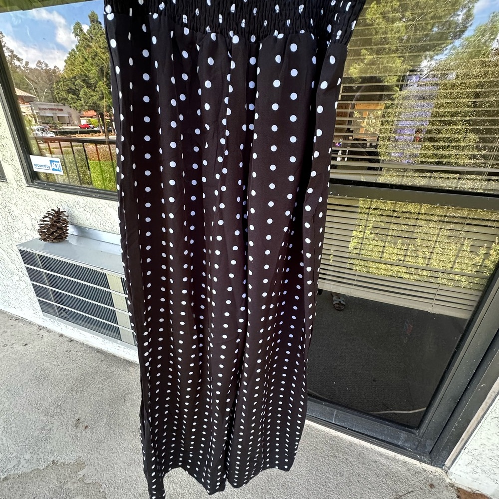 Black White Polka Dot Wide Leg Pants – High Waist Smocked Waistband - Picture 3 of 10